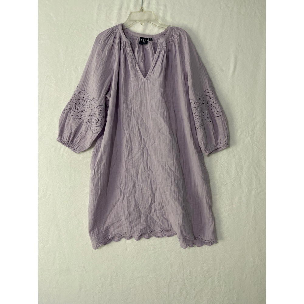 Gap Women Lavender Purple Cotton Gauze Eyelet Sleeve Scallop Hem Mini Dress S
